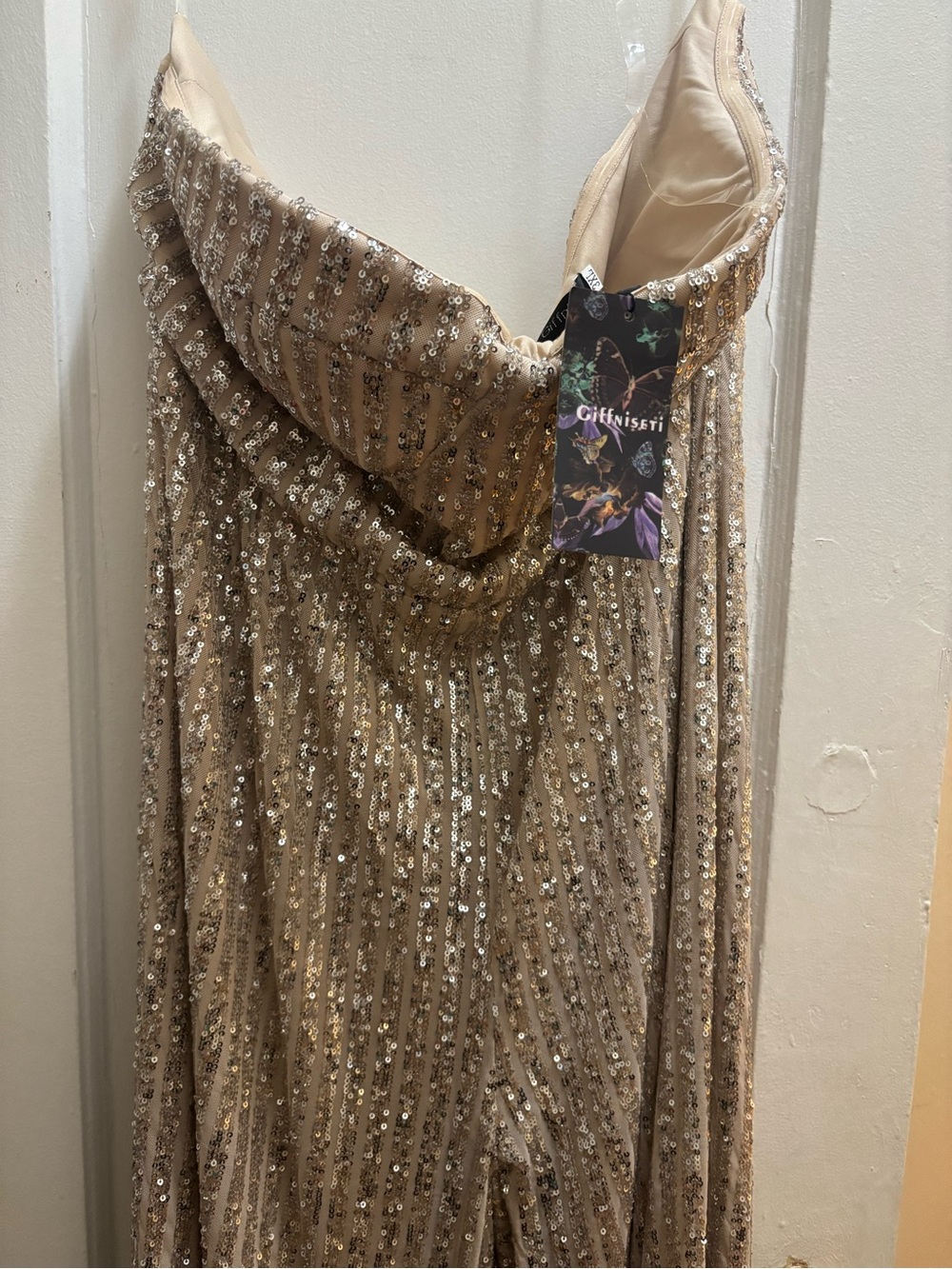 Sequin Draped Champagne Evening Jumpsuit